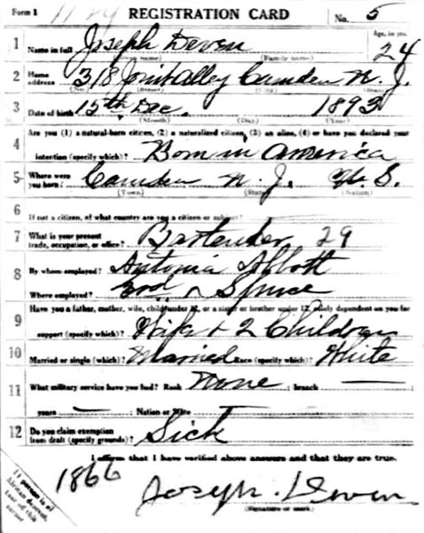 Joseph Deven WWI Draft Registration Card, front