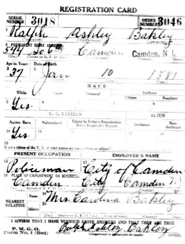 Ralph Bakley WWI draft registration card, front