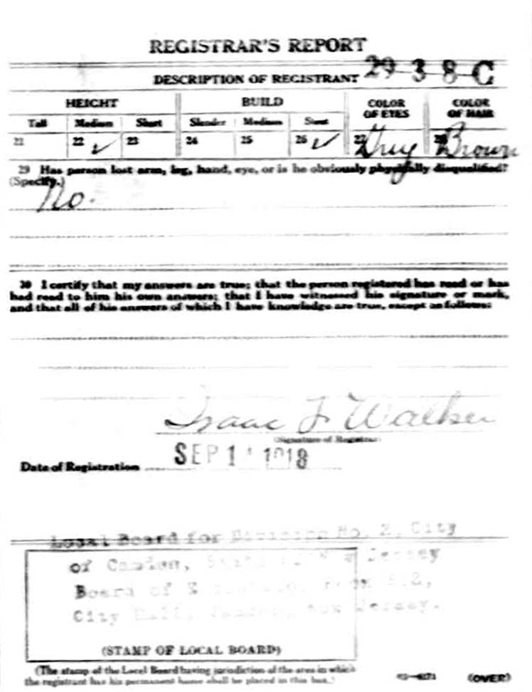 Ralph Bakley WWI draft registration card, back