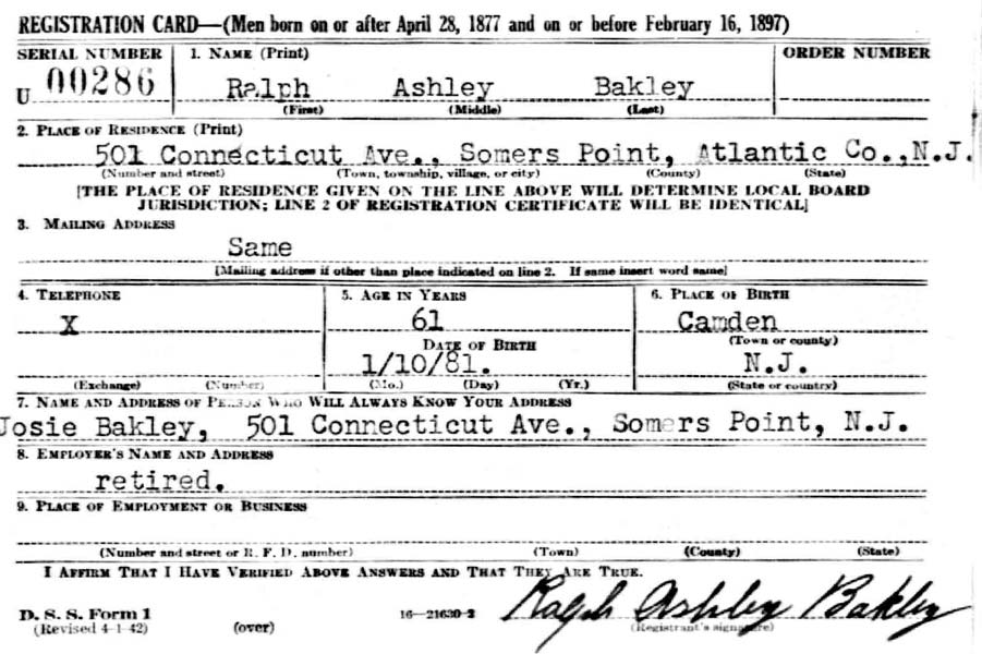 Ralph A. Bakley World War II draft registration card