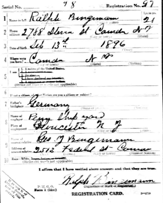 Ralph F. Bingemann Sr., World War I draft registration card, front