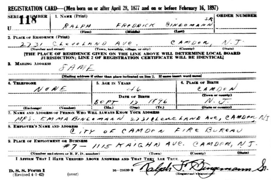 Ralph F. Bingemann Sr., World War II draft registration card