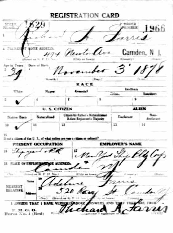 World War I Draft Card for Richard A. Farris, front