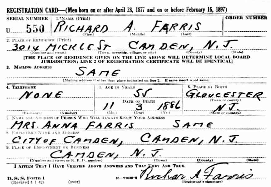 World War II Draft Card for Richard A. Farris