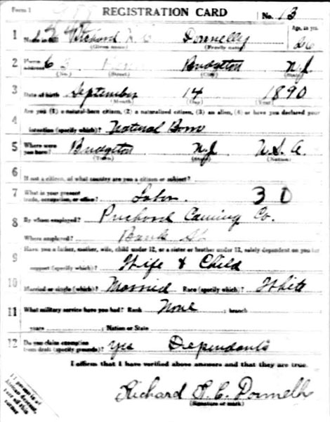 WWI Draft Registration Card for Richard C. Donnelly, front, 1917