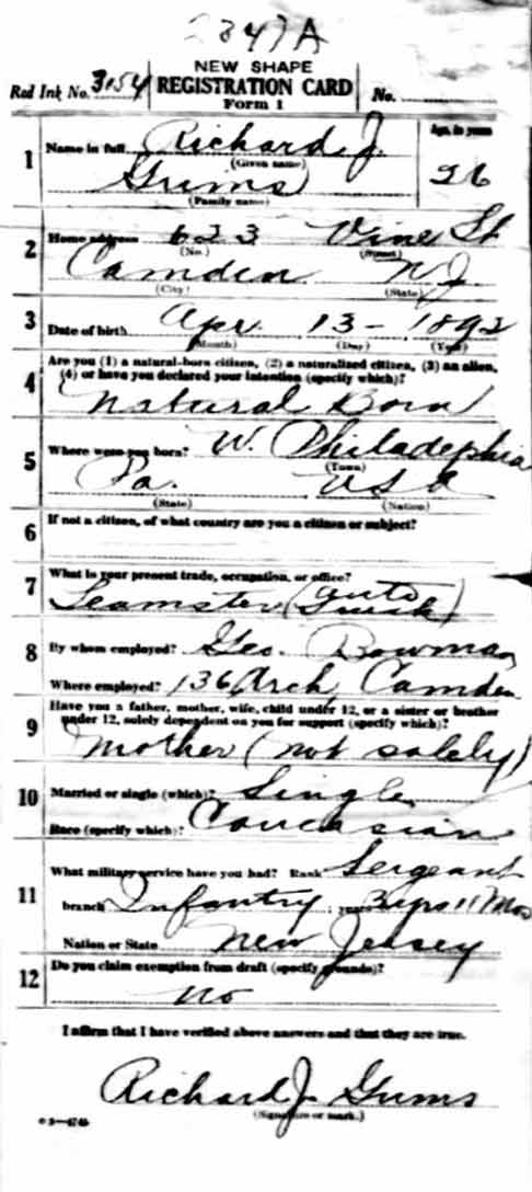 World War I Draft Registration Card — Richard J. Grimes, front
