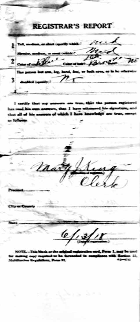 World War I Draft Registration Card — Richard J. Grimes, back (Registrar's Report)