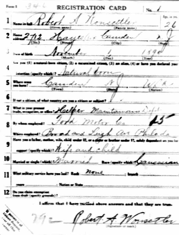 Robert A. Wonsetler World War I Draft Card, front