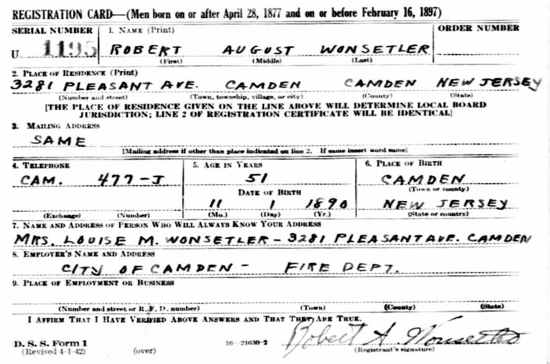 Robert A. Wonsetler World War II Draft Card