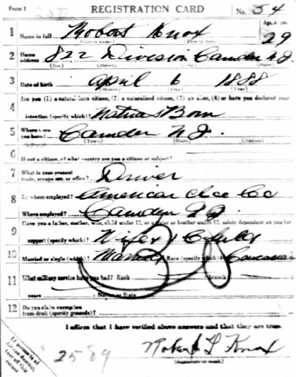 World War I Draft Card — Robert L. Knox (front)