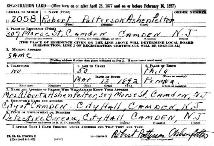 World War II Draft Card for Robert P. Ashenfelter