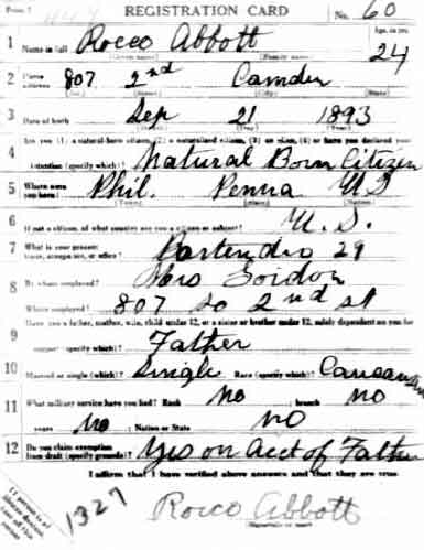 WWI Draft Registration Card — Rocco Abbott, front