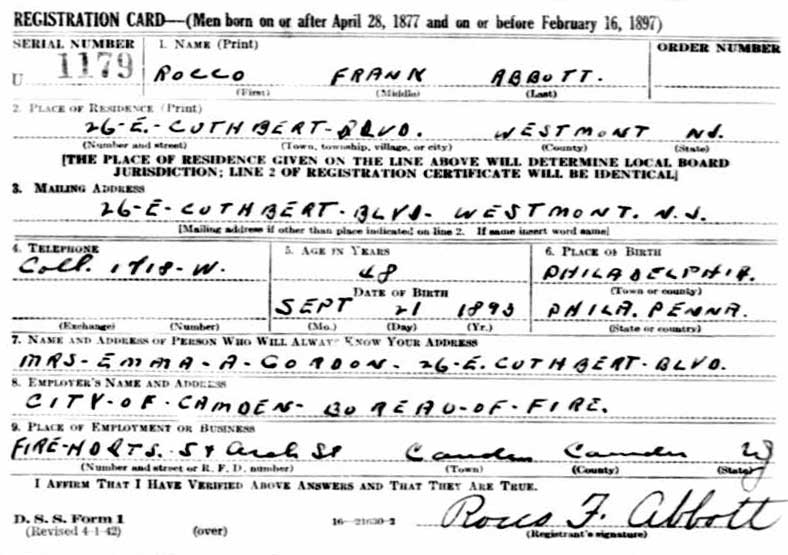 WWII Draft Registration Card — Rocco Frank Abbott