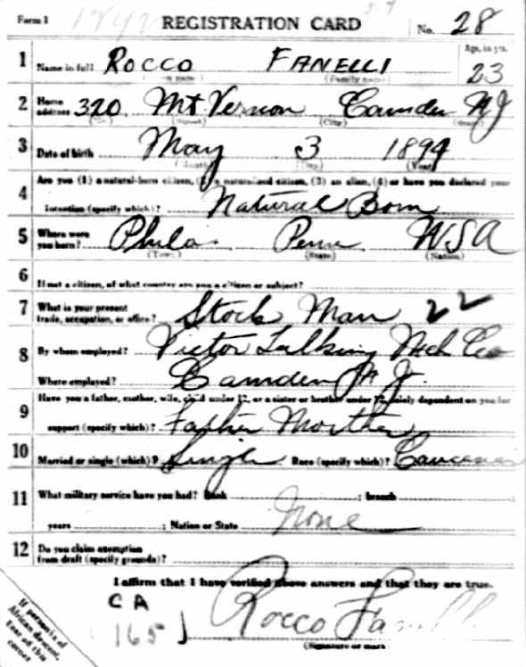 World War I Draft Registration Card — Rocco Fanelli, front