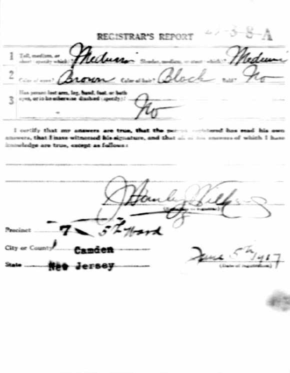 World War I Draft Registration Card — Rocco Fanelli, Registrar's Report reverse