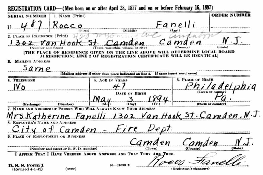 World War II Draft Registration Card — Rocco Fanelli