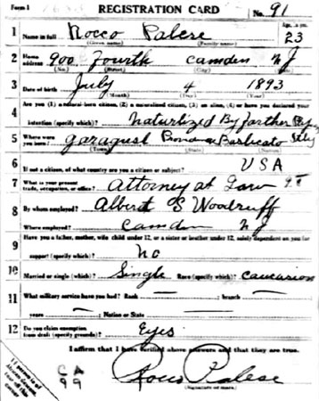 Rocco Palese WWI Draft Card, front