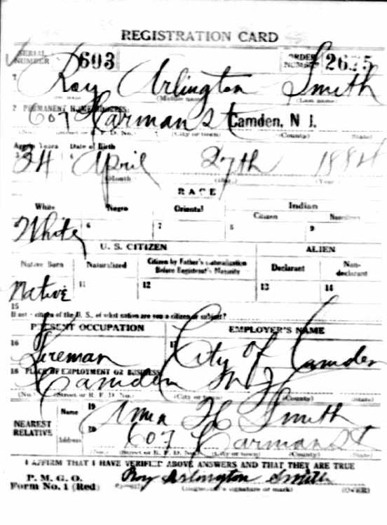 Roy Arlington Smith, World War I draft registration card, front