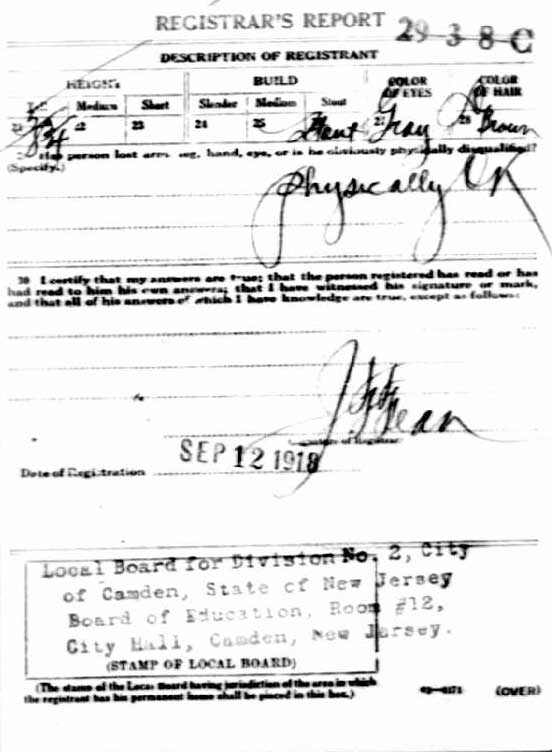 Roy Arlington Smith, World War I draft registration card, back