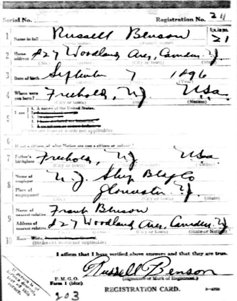 Russell L. Benson World War I draft card — front