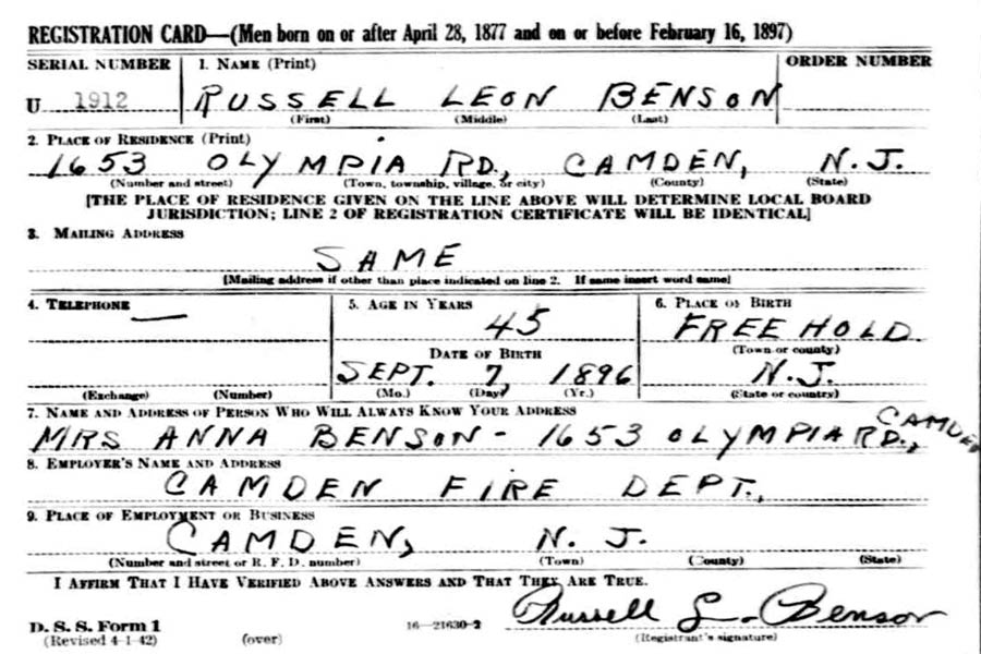 Russell L. Benson World War II draft card