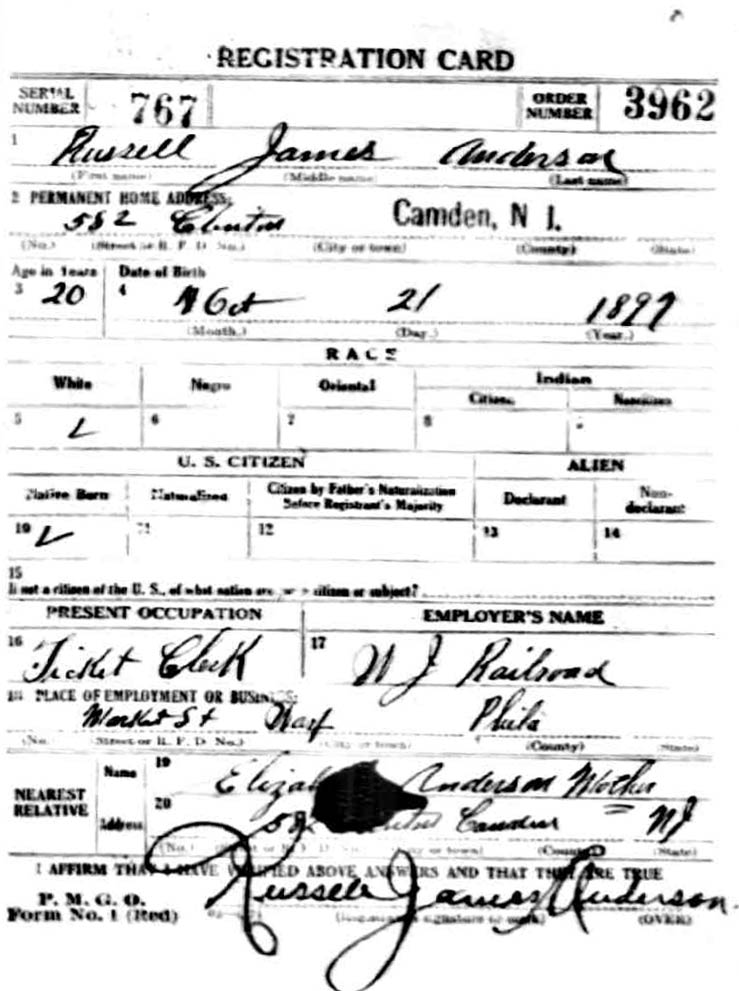 WWI Draft Registration Card for Russell James Anderson, 1918
