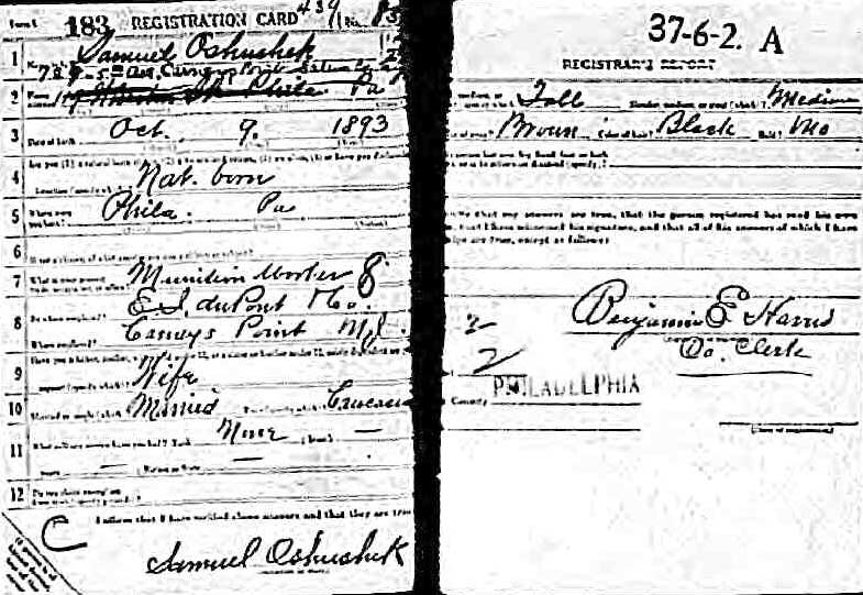 World War I Draft Card for Samuel Oshushek