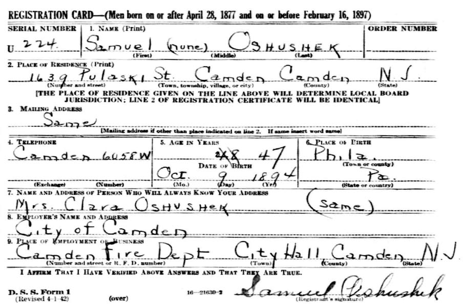 World War II Draft Card for Samuel Oshushek