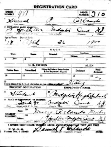 Samuel P. Orlando WWI draft registration card, front