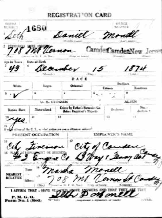 Seth D. Monnell WWI draft card, front