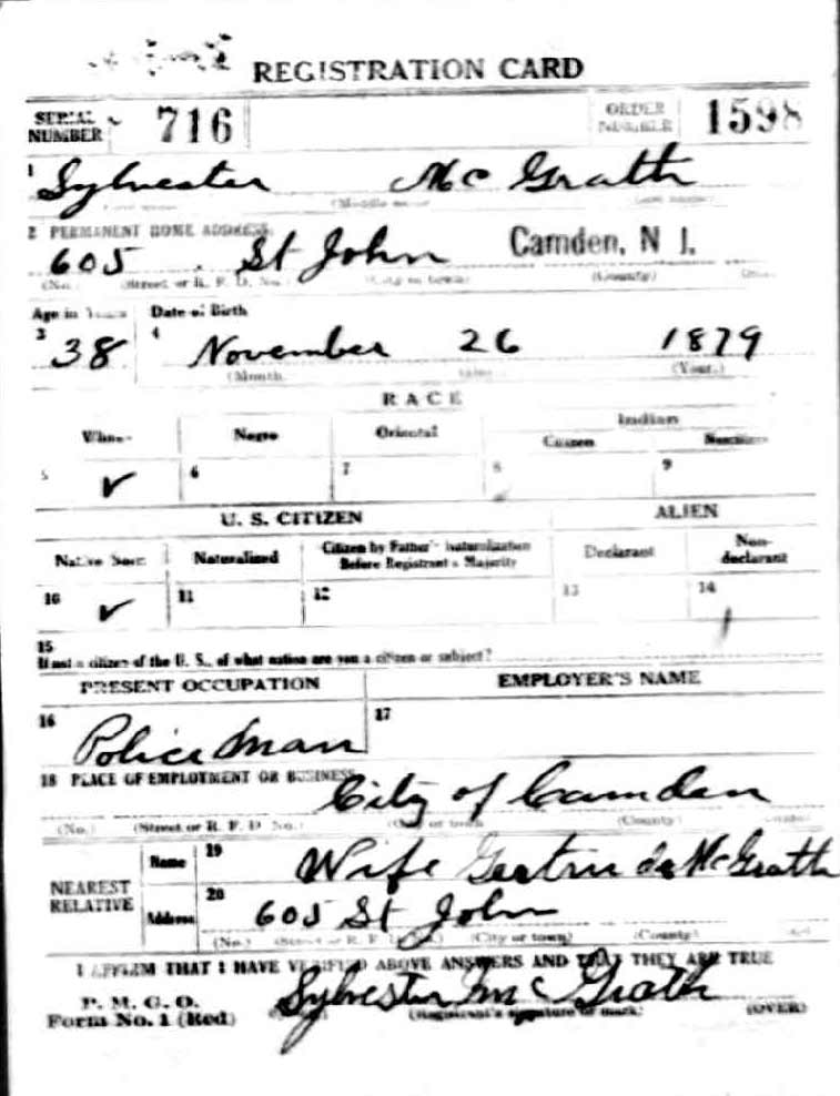 Sylvester McGrath WWI Draft Card, front