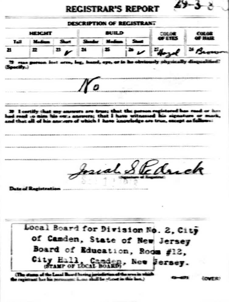 Sylvester McGrath WWI Draft Card, back