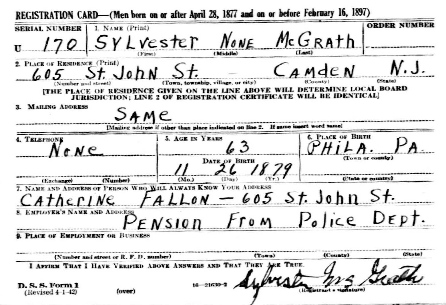 Sylvester McGrath WWII Draft Card