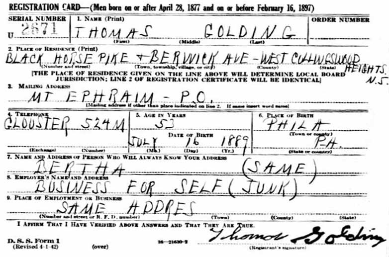 WWII Draft Registration Card for Thomas Golding