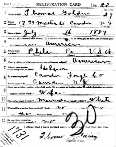 WWI Draft Registration Card for Thomas Golding, front