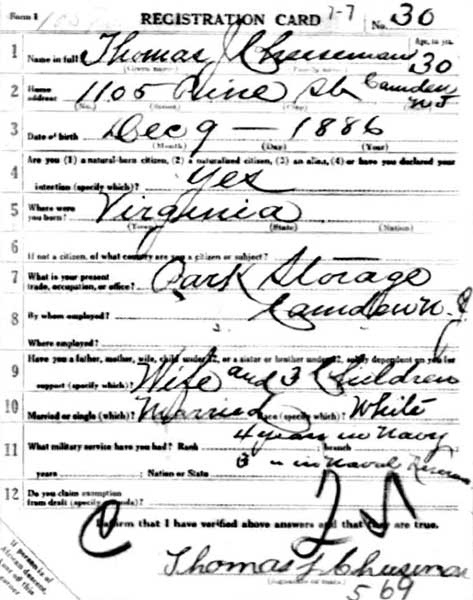 Thomas J. Cheeseman Jr. WWI Draft Registration Card, front