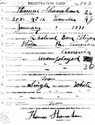 WWI draft registration card for Thomas Shanahan, 1917