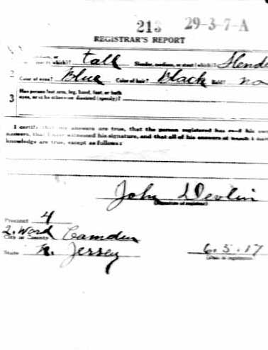 WWI draft registration card — registrar's report for Thomas Shanahan, 1917