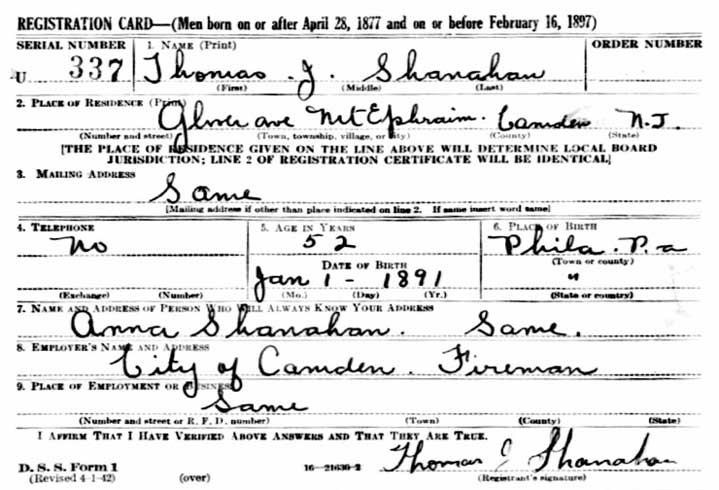 WWII draft registration card for Thomas J. Shanahan, 1942