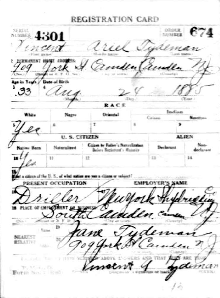 World War I Draft Registration Card for Vincent Ariel Tydeman, front