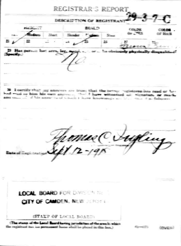 World War I Draft Registration Card for Vincent Ariel Tydeman, back