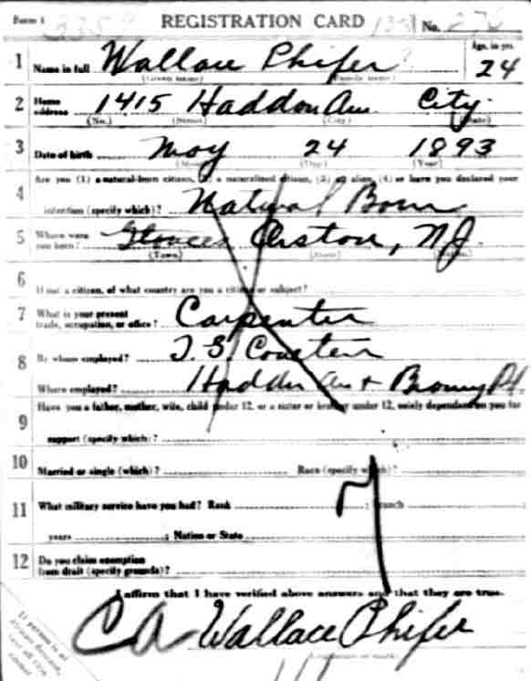 Wallace Phifer World War I Draft Card, front