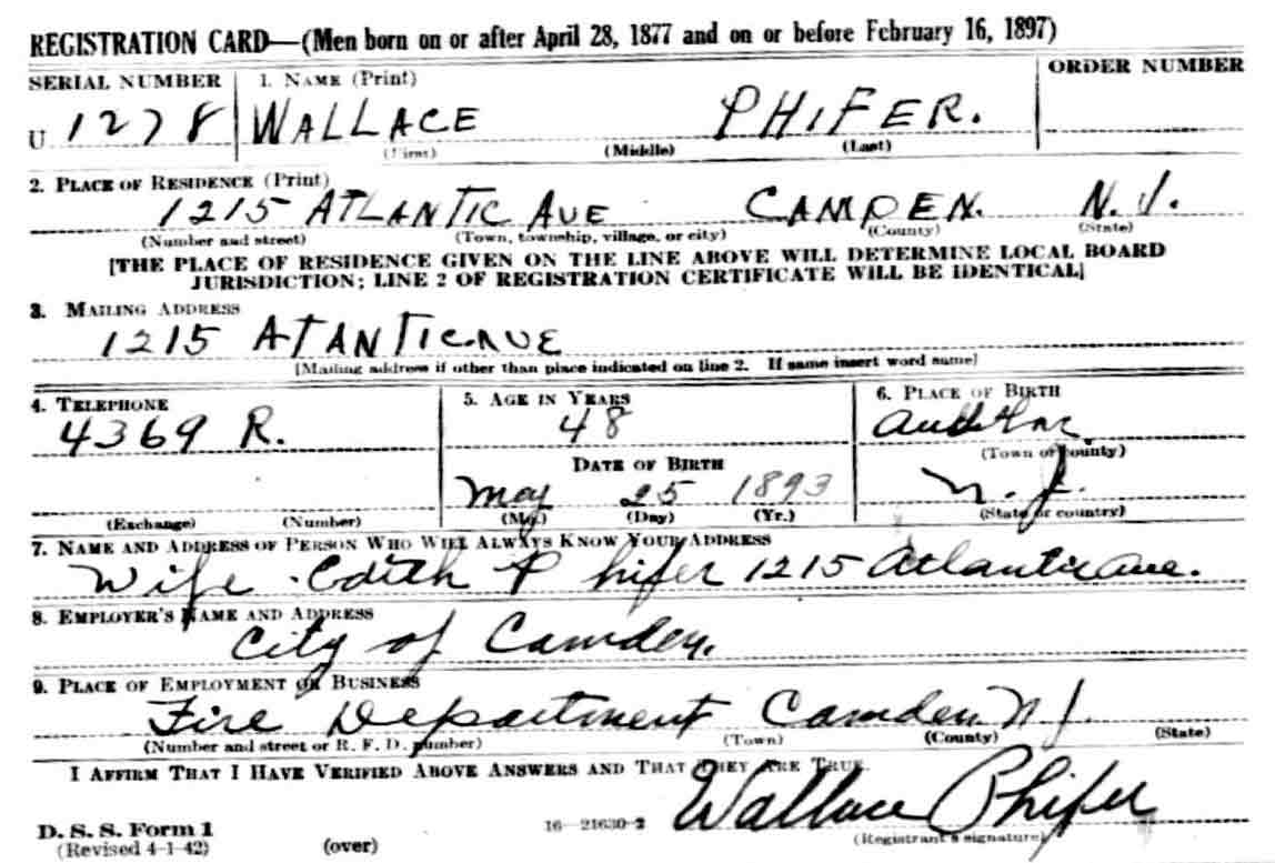 Wallace Phifer World War II Draft Card