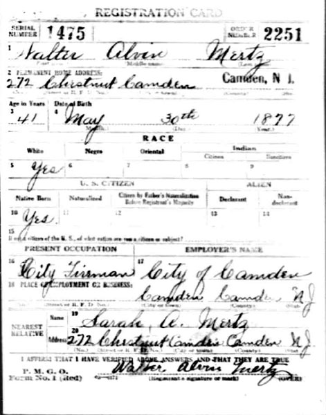 Walter A. Mertz WWI Draft Registration Card, front