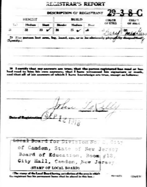Walter A. Mertz WWI Draft Registration Card, back — Registrar's Report