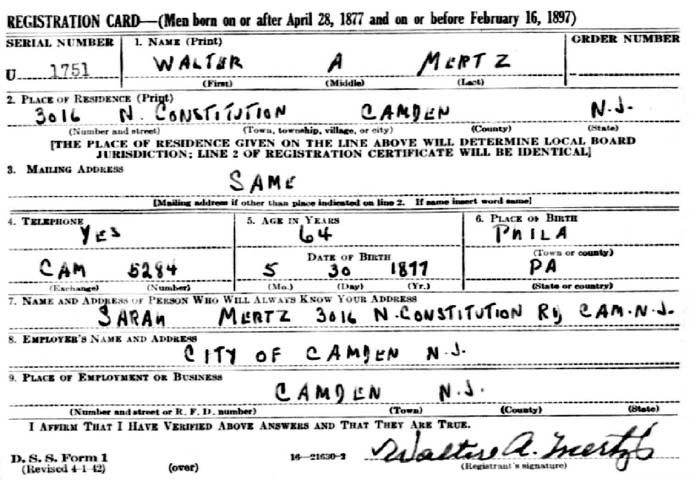 Walter A. Mertz WWII Draft Registration Card