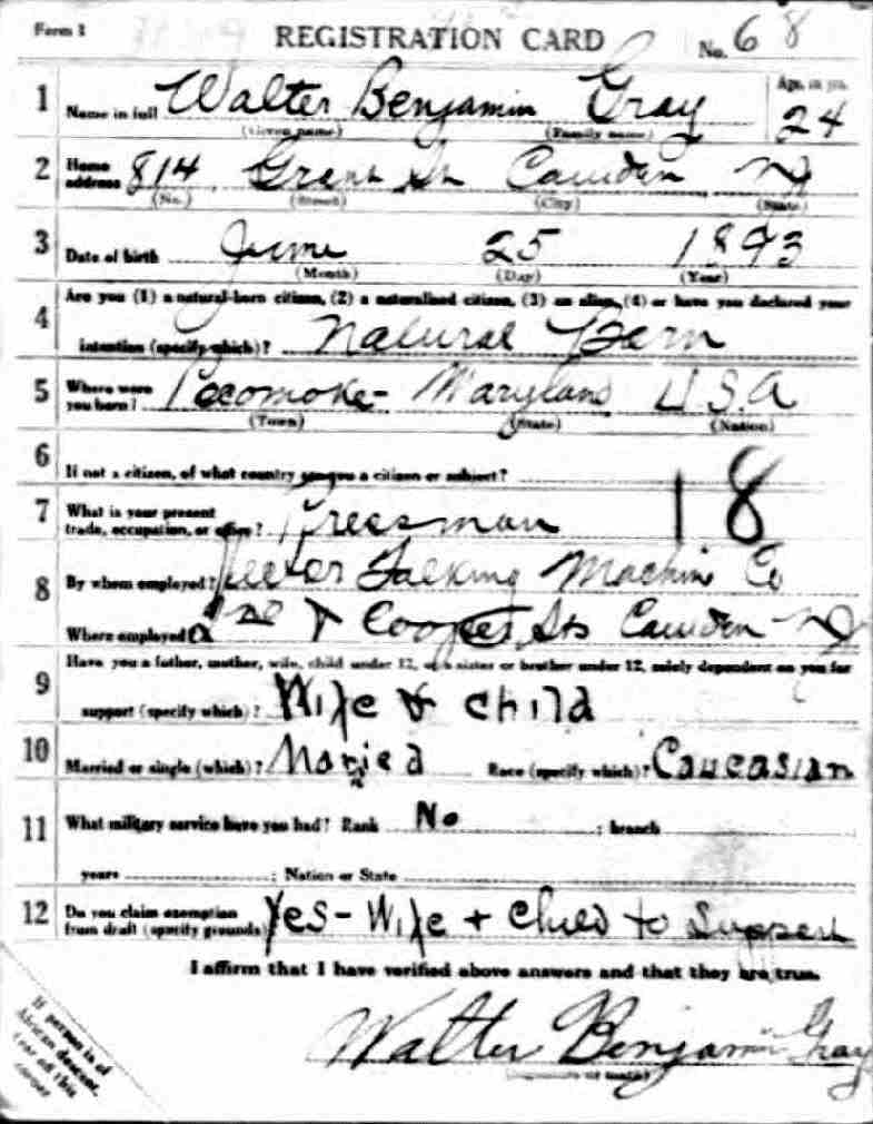 Walter B. Gray World War I Draft Card, front