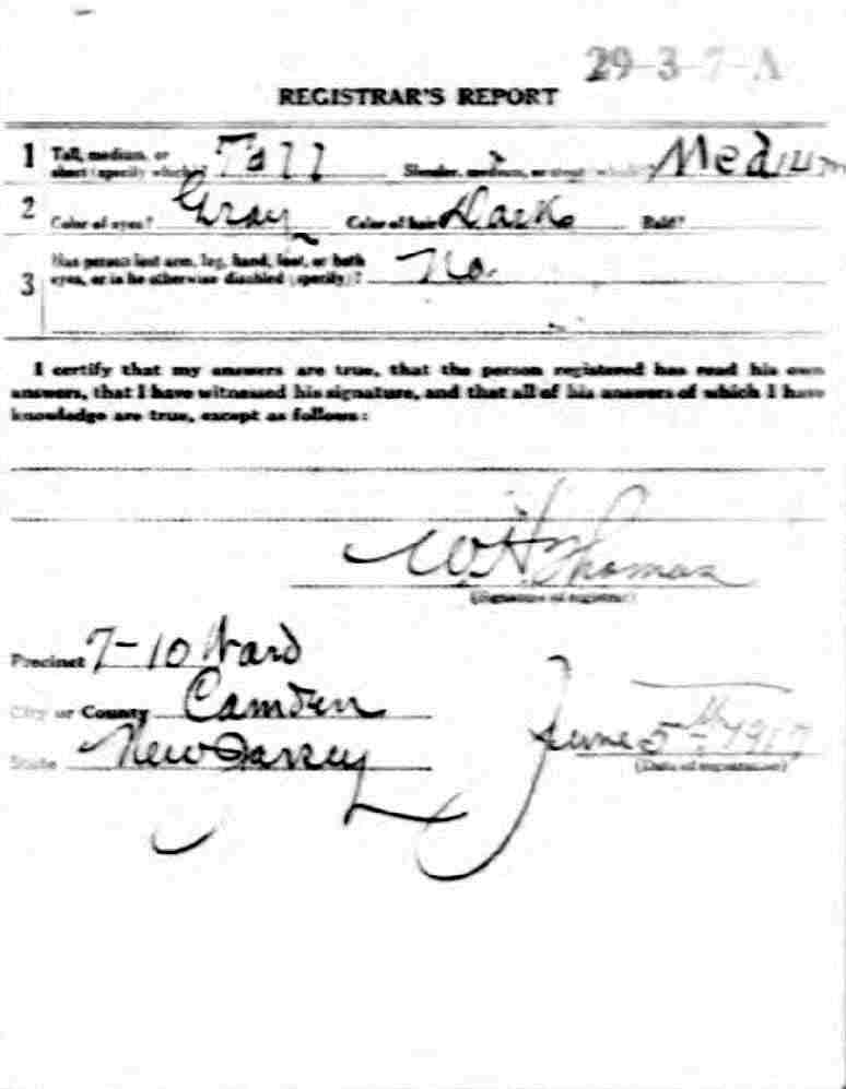 Walter B. Gray World War I Draft Card, back