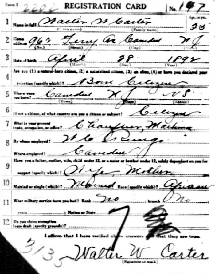 Walter W. Carter World War I Draft Card, side 1