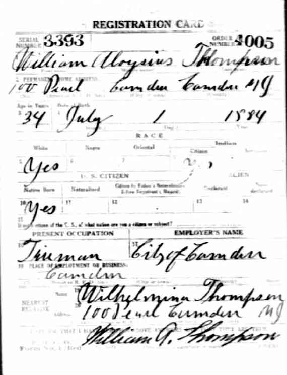 William Aloysius Thompson — World War I draft registration card, 1918